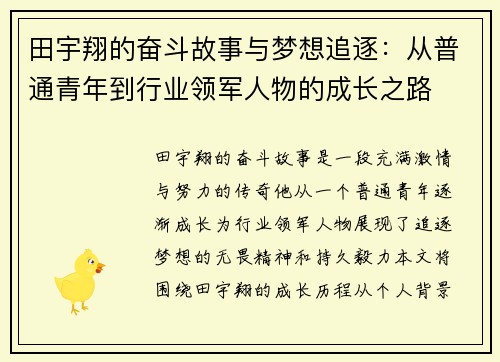 田宇翔的奋斗故事与梦想追逐：从普通青年到行业领军人物的成长之路