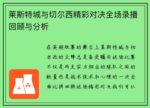 莱斯特城与切尔西精彩对决全场录播回顾与分析
