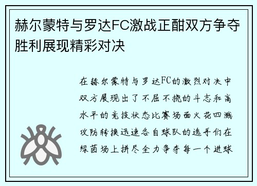 赫尔蒙特与罗达FC激战正酣双方争夺胜利展现精彩对决